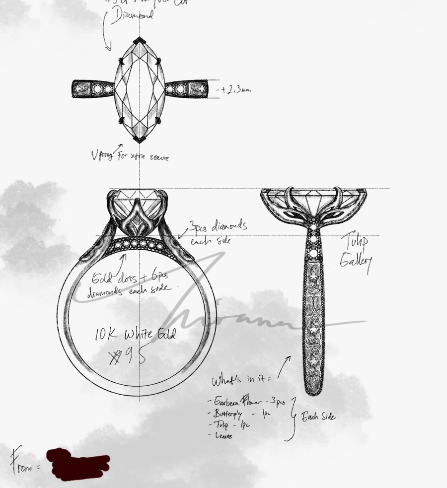 Sketsa rancangan cincin tunangan dengan catatan tangan