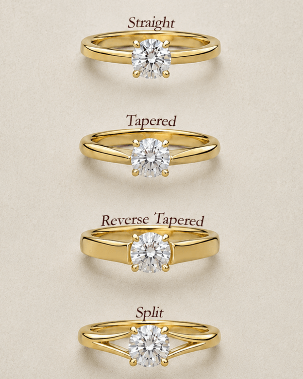 Empat model batang cincin emas tersusun pada lembar desain atelier.